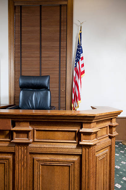 A gorgeous courtroom bench in an American courthouse.
